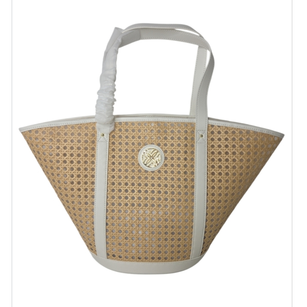 Lilly Pulitzer Wintour Cane Tote Sand Bar X Resort White NEW